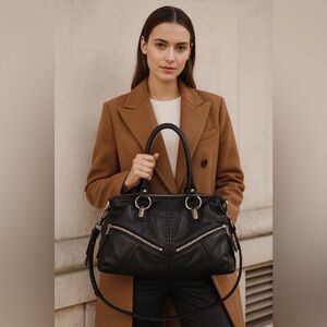 b. makowsky Black Leather Satchel with Silver Accents GUC